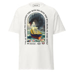 White unisex Bulk Carrier T-Shirt by 7SHORT1LONG® featuring a bold ocean monster attack graphic on the front.