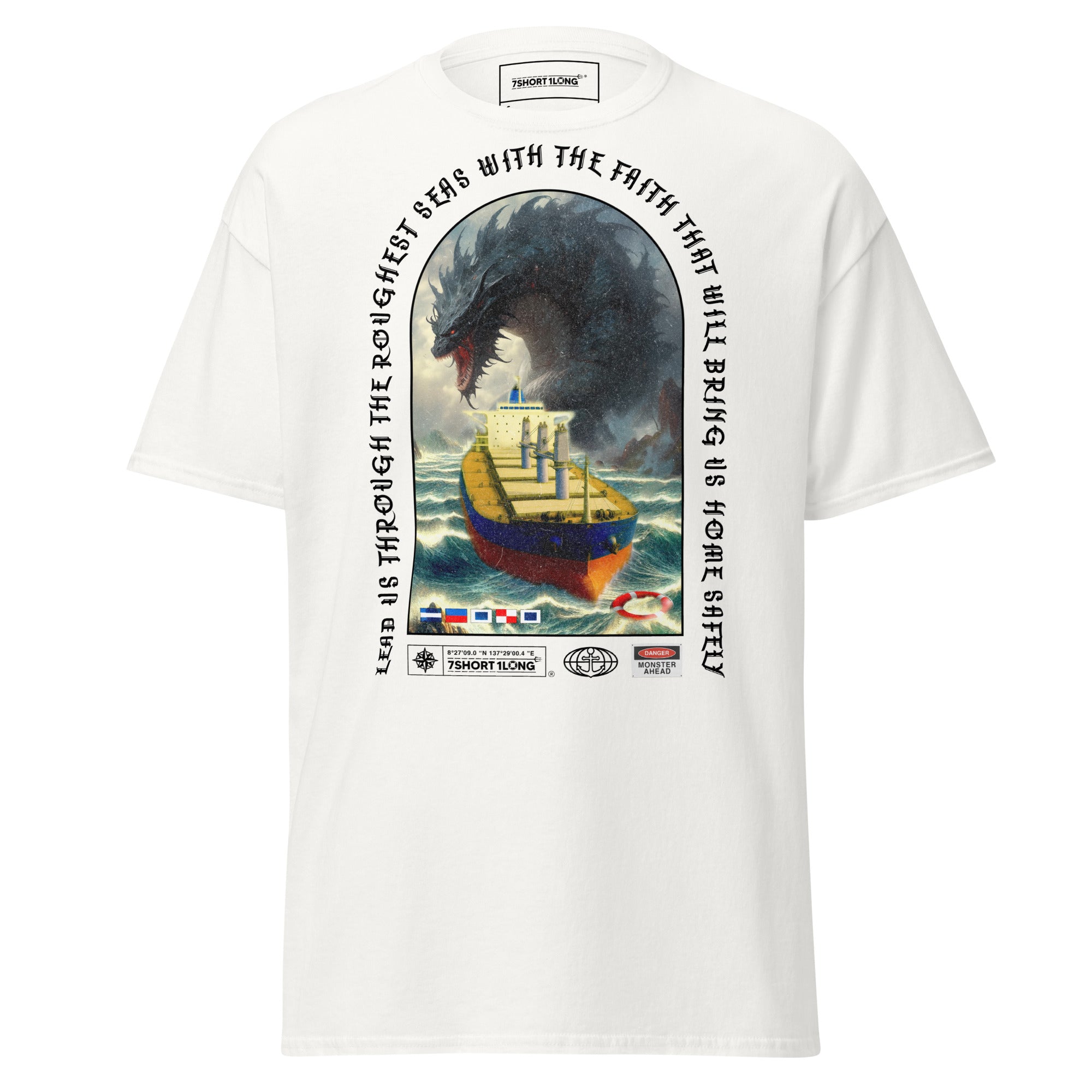 White unisex Bulk Carrier T-Shirt by 7SHORT1LONG® featuring a bold ocean monster attack graphic on the front.