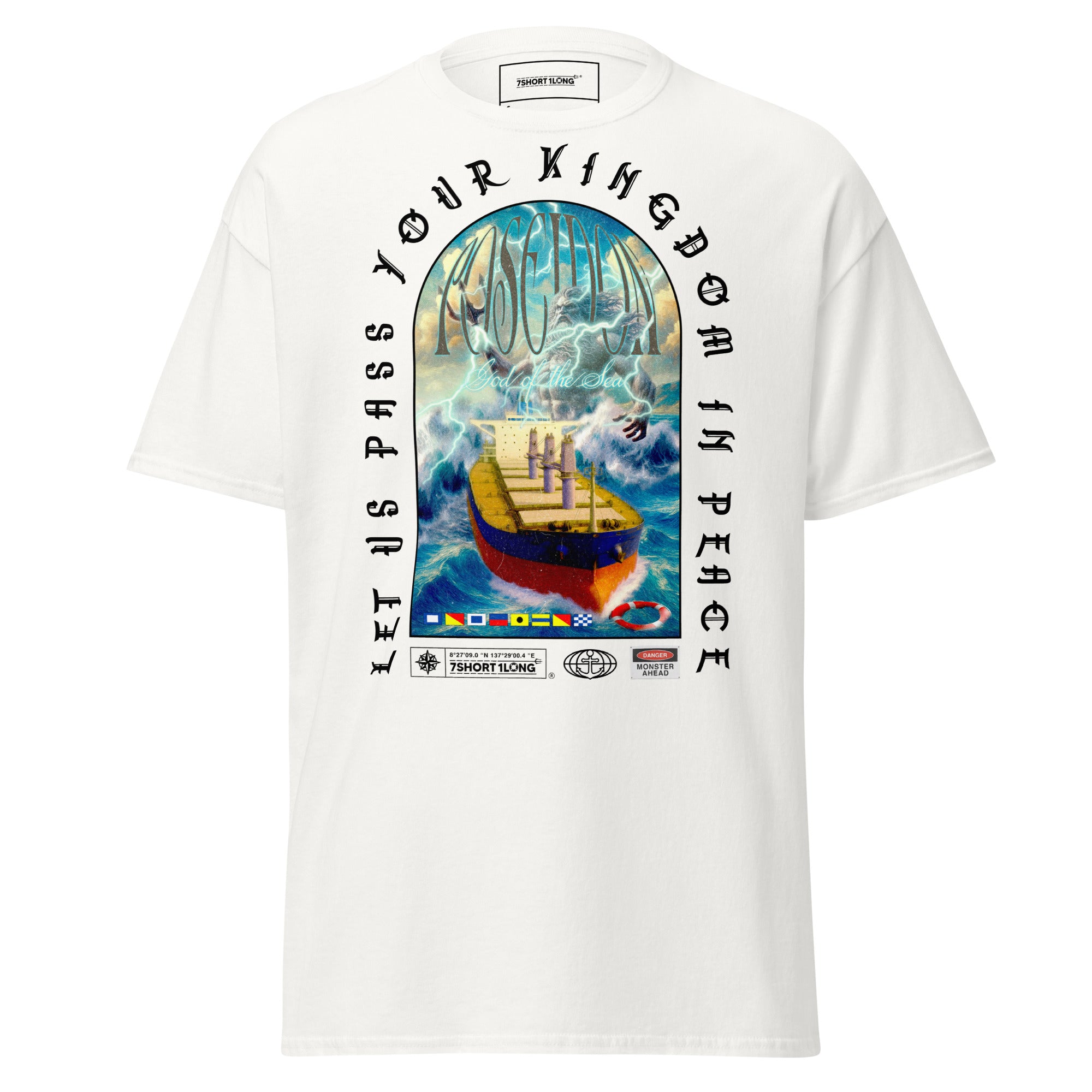 7SHORT1LONG poseidon t-shirt greek god bulk carrier ship ocean waves nautical mythology tee