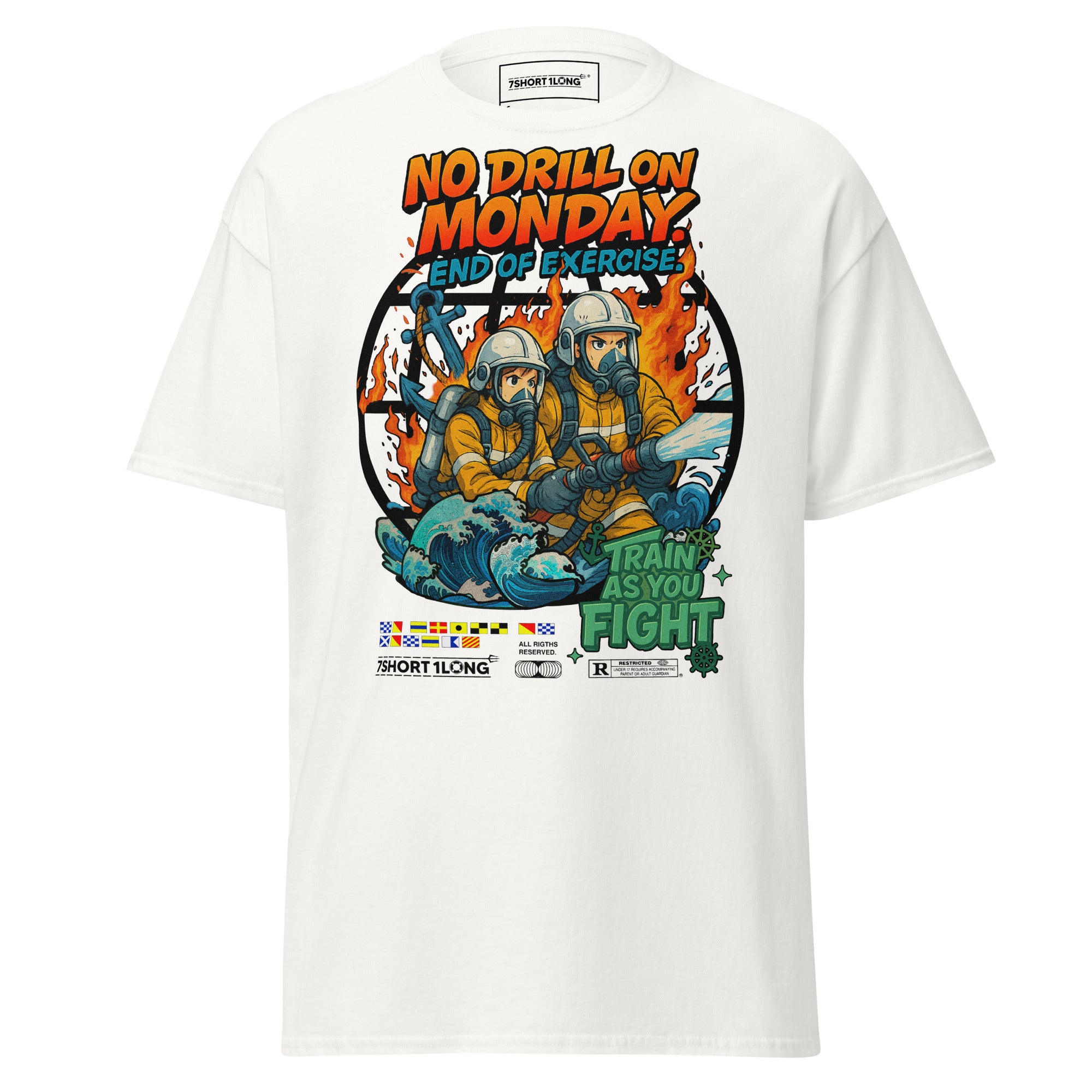 Unisex white Fire Drill T-Shirt by 7SHORT1LONG® featuring a safety at sea nautical crew design on the front.