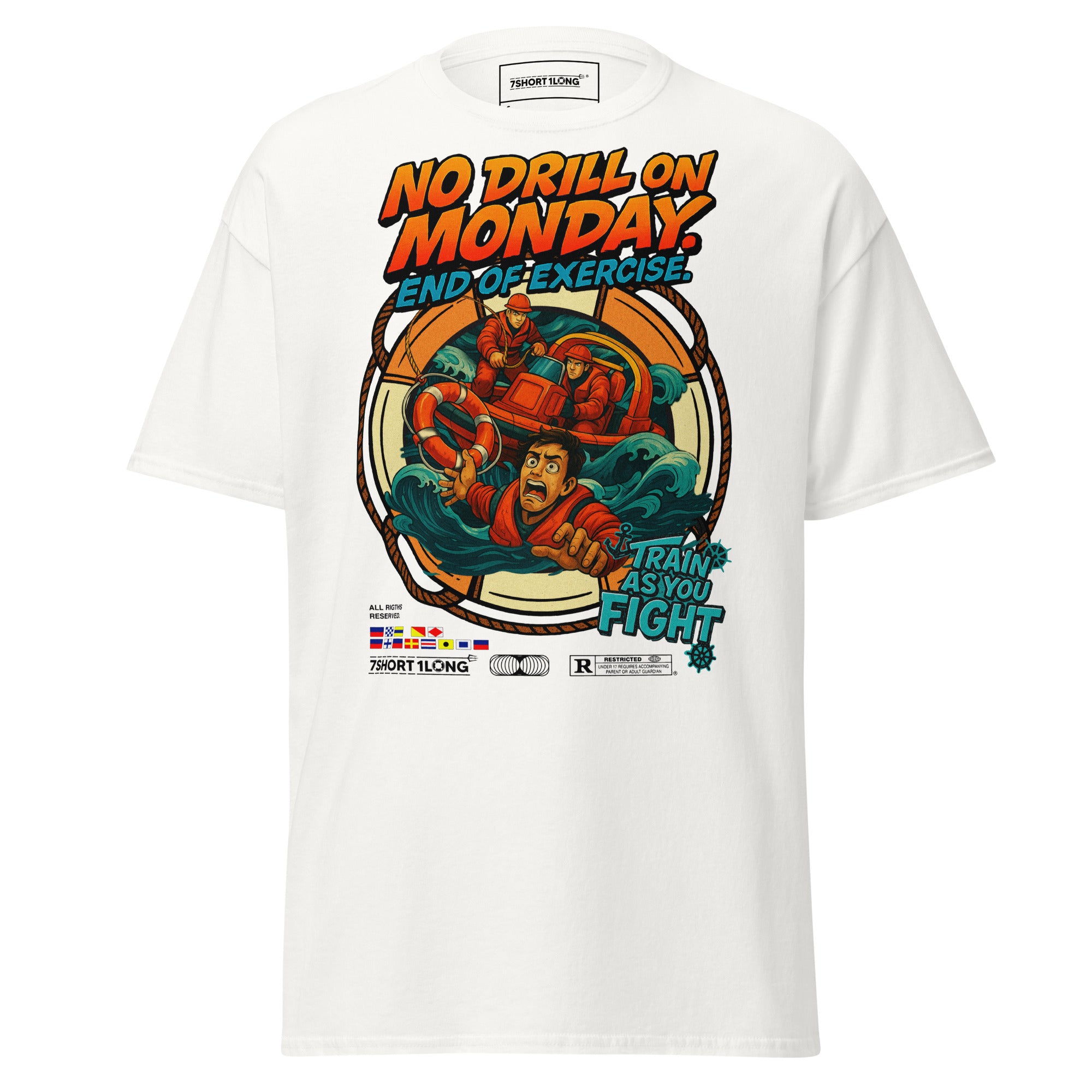 7SHORT1LONG man overboard t-shirt safety at sea maritime rescue drill graphic white tee