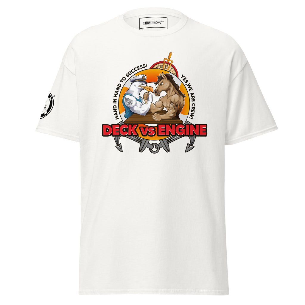 White unisex Deck Vs Engine Department T-Shirt by 7SHORT1LONG® with front graphic design, casual and comfortable fit.