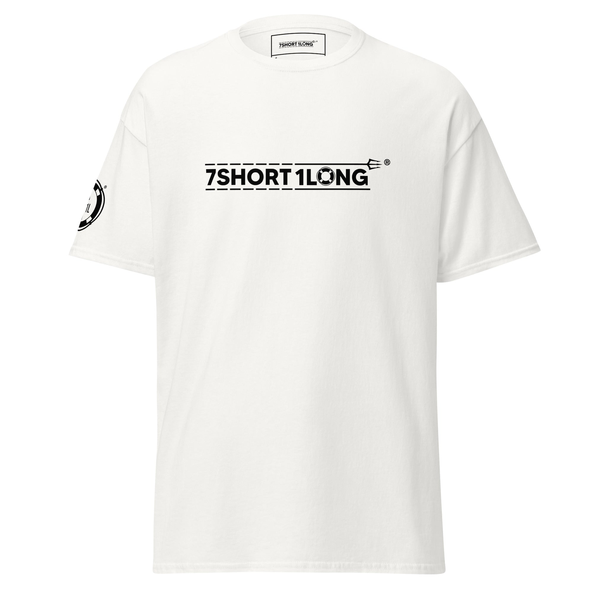 White 7SHORT1LONG Seafarer Emergency Signal T-Shirt with minimalist logo design, nautical streetwear tee front view Main image