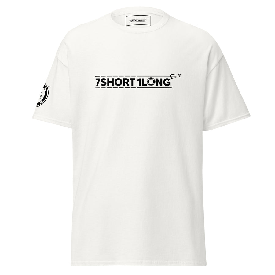 White Seafarer Emergency Signal T-Shirt by 7SHORT1LONG® featuring a classic unisex design with emergency signal graphics on the front.