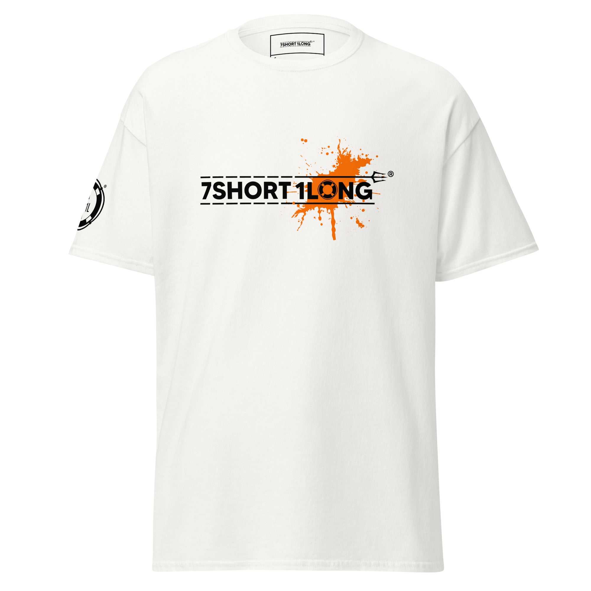 White Seafarer Color Splash Nautical T-Shirt with 7SHORT1LONG logo and paint splash graphic, clean marine streetwear tee