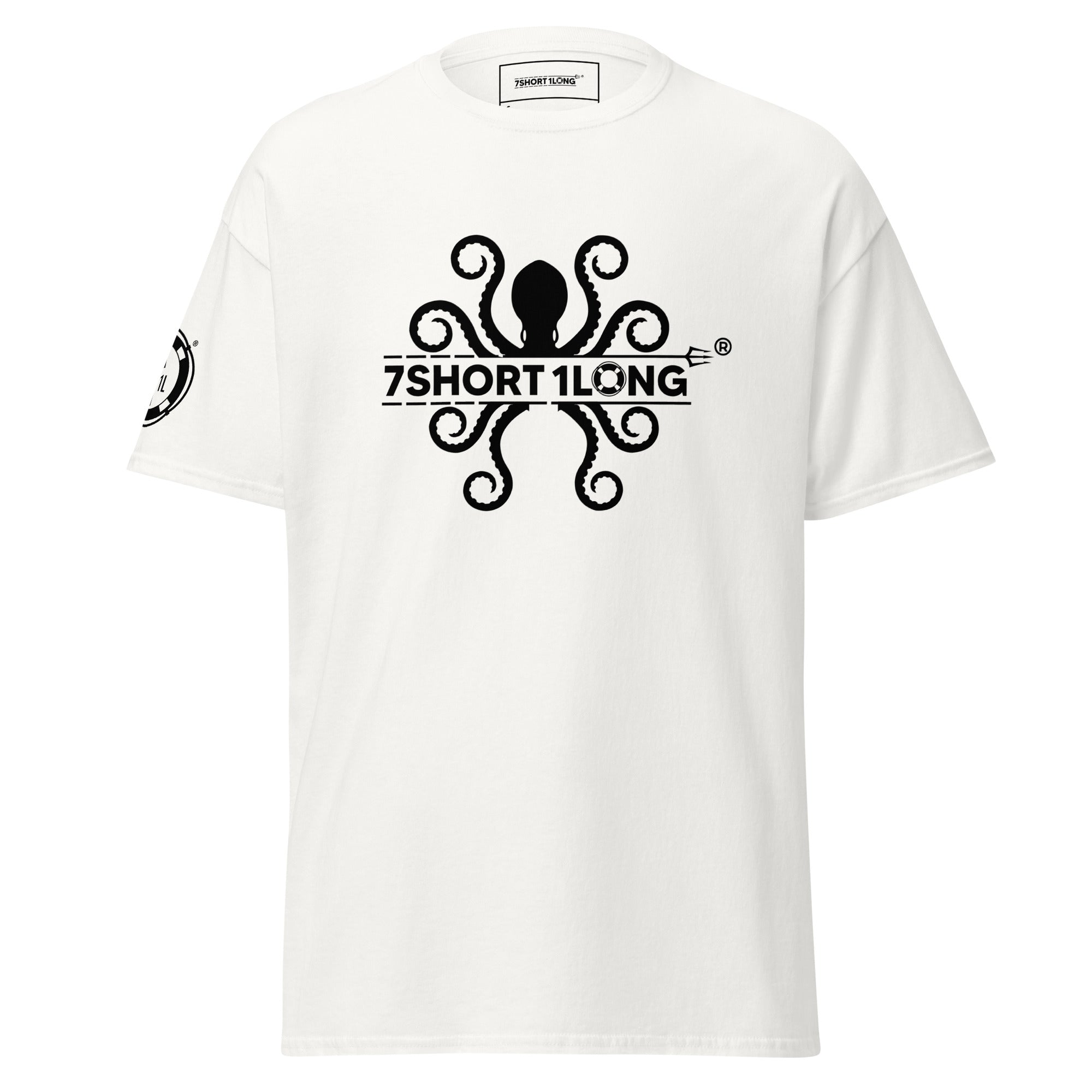 White Kraken Seafarer Nautical T-Shirt with octopus graphic and 7SHORT1LONG logo, clean marine lifestyle shirt