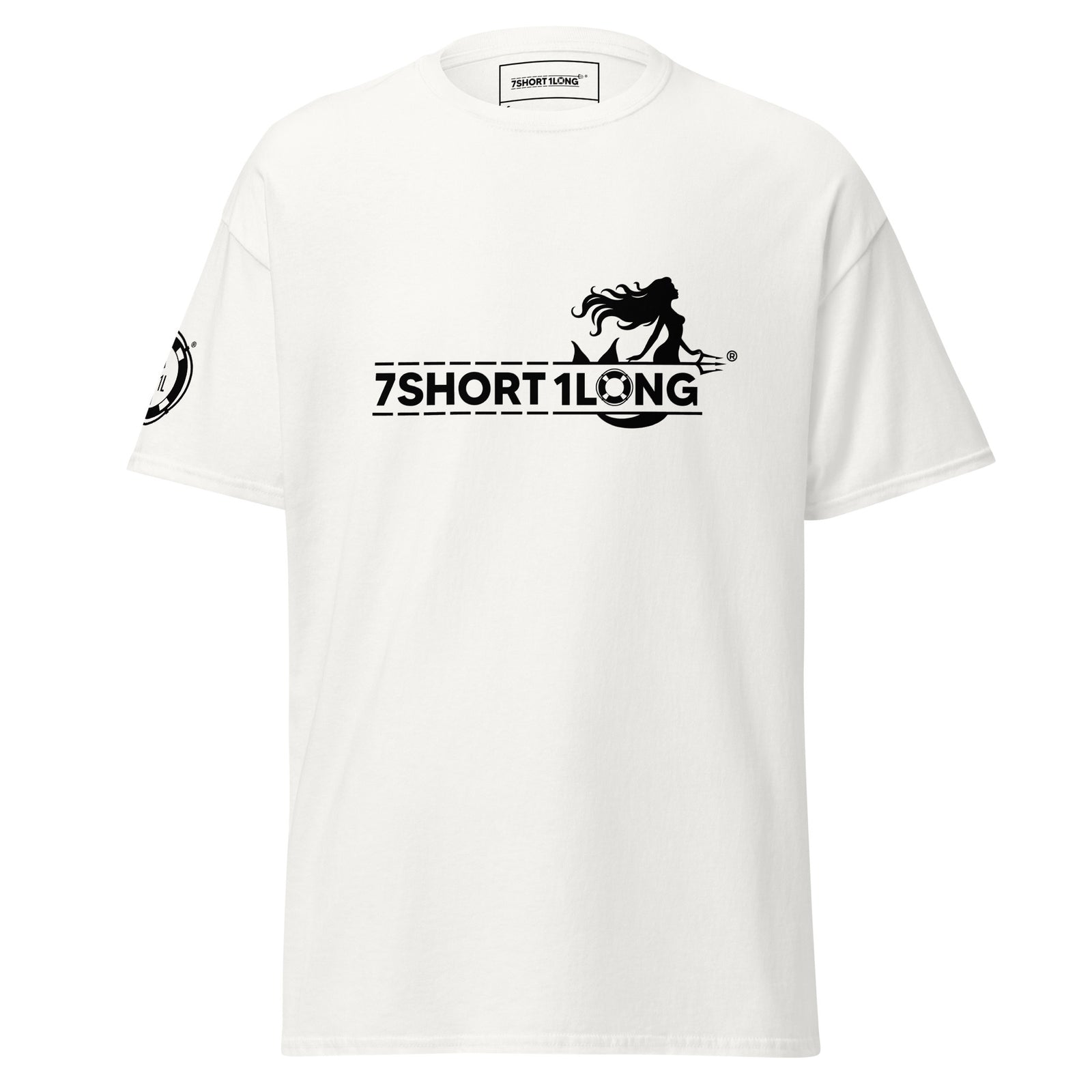 Unisex white nautical T-shirt with Mermaid Club design by 7SHORT1LONG®, front view showing classic fit and marine-themed print.