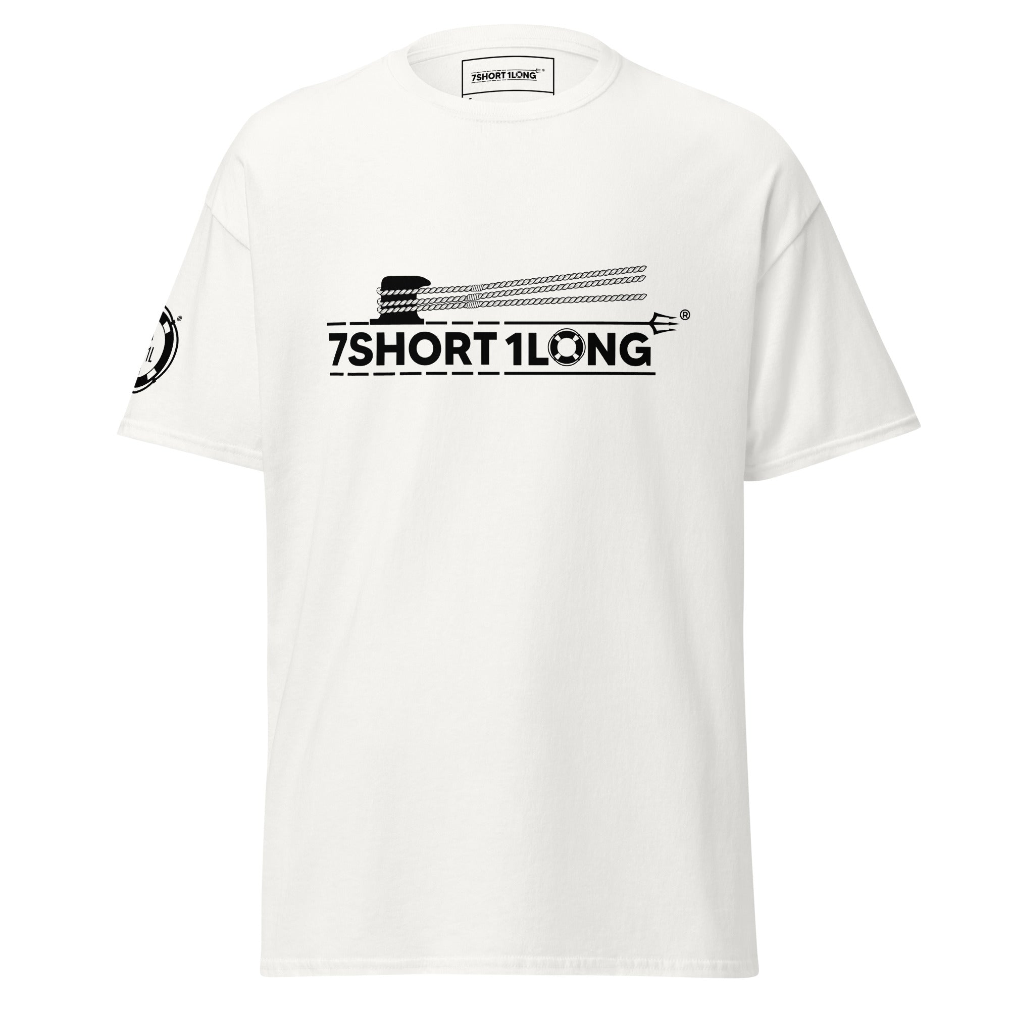 White Deck Hand Seafarer Nautical T-Shirt with 7SHORT1LONG mooring operation graphic, marine crew streetwear front view