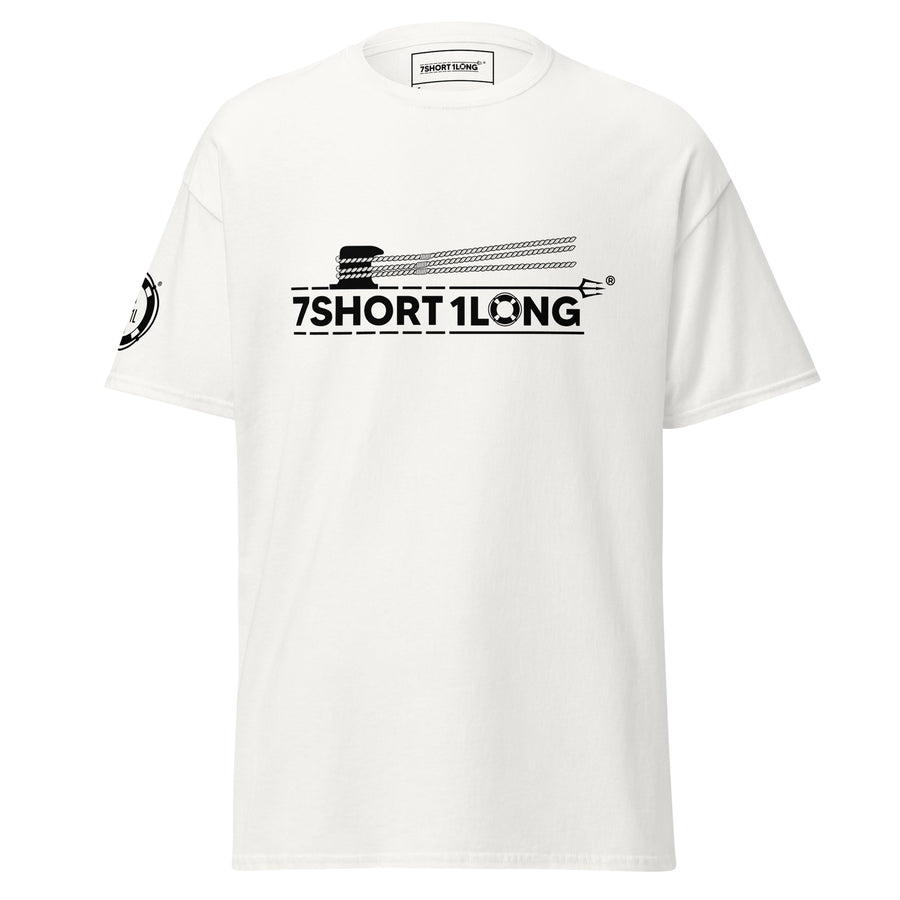 White Deck Hand Seafarer Nautical T-Shirt with 7SHORT1LONG mooring operation graphic, marine crew streetwear front view