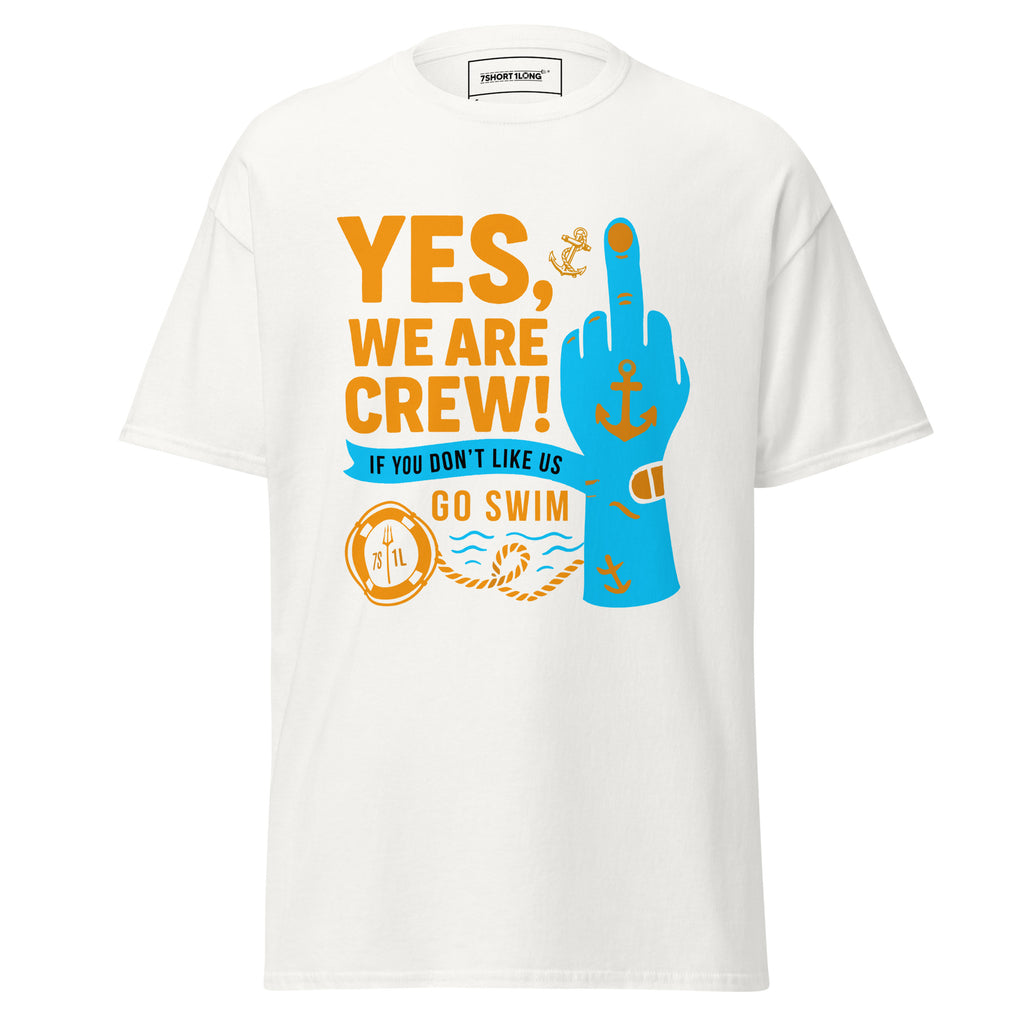 White unisex crew T-shirt with bold middle finger graphic, from 7SHORT1LONG®, front view showing classic fit and design details.