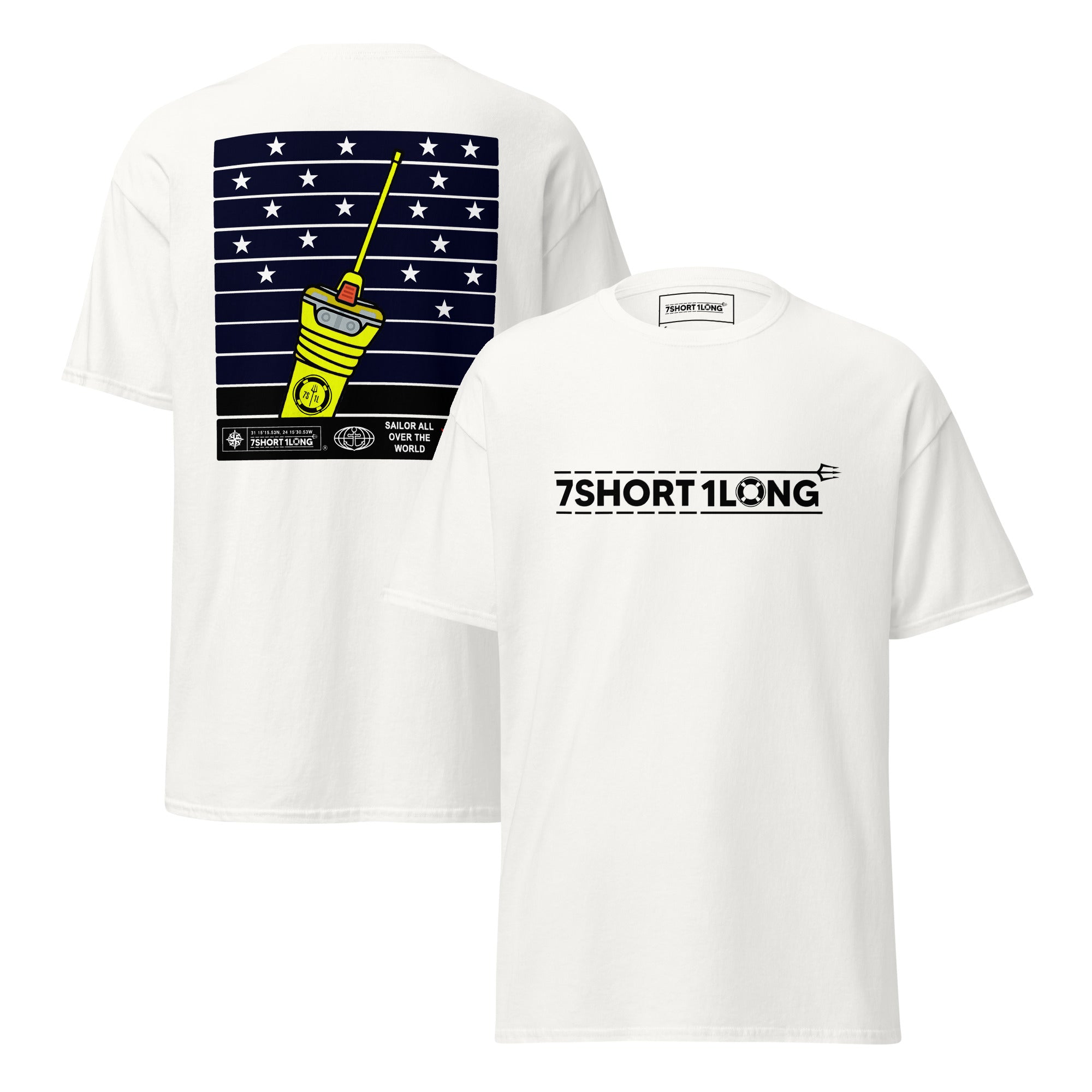 Maritime T-shirt with EPIRB emergency beacon design, inspired by satellite distress signaling and global maritime rescue systems at sea. Main image
