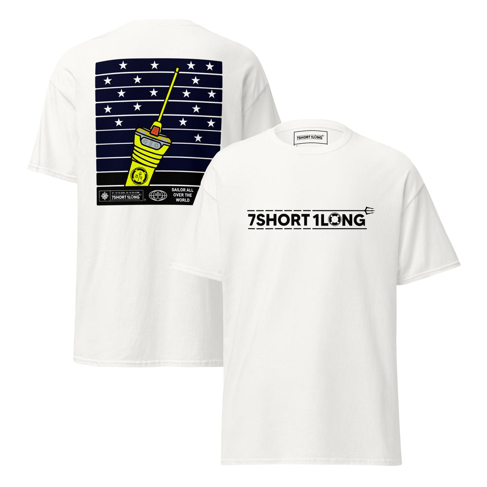 Maritime T-shirt with EPIRB emergency beacon design, inspired by satellite distress signaling and global maritime rescue systems at sea.