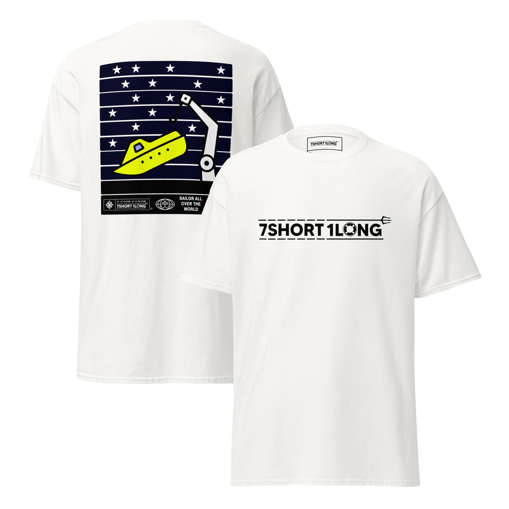 Maritime T-shirt with Free Fall Boat at Sea design, inspired by SOLAS Convention regulations and free fall lifeboat emergency evacuation systems.