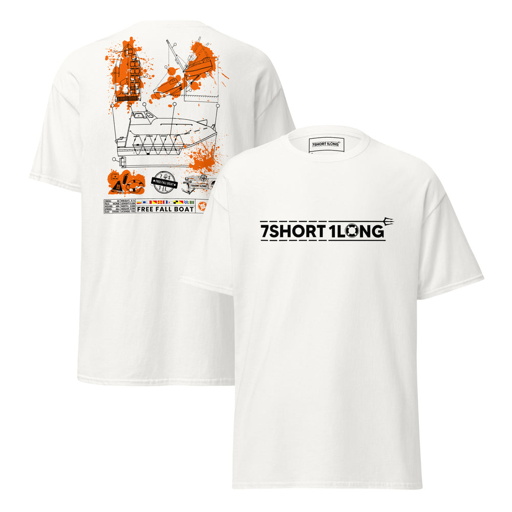 Maritime T-shirt with Free-Fall Boat design inspired by SOLAS-regulated free-fall lifeboats used on tankers, bulk carriers, and container ships.