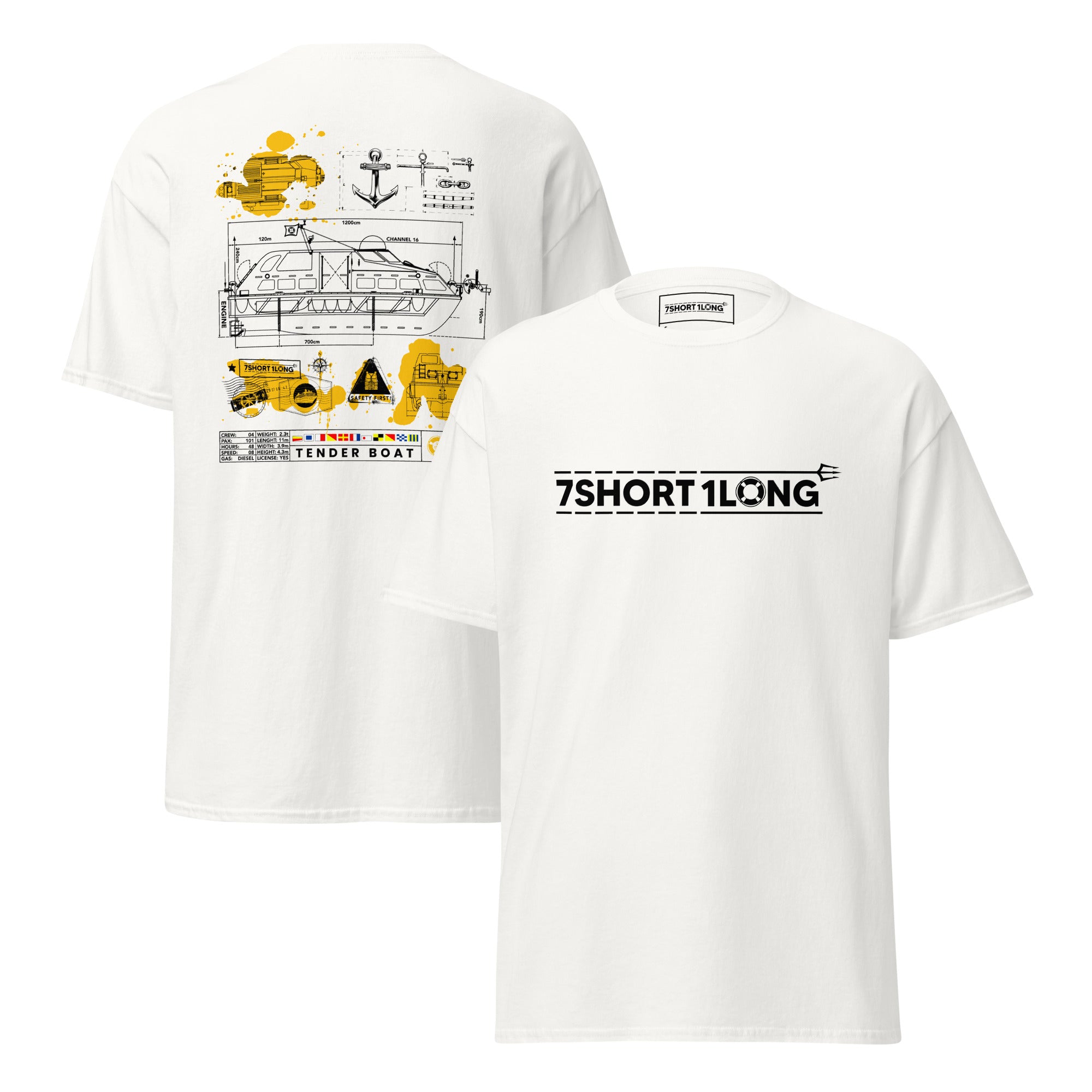 Maritime T-shirt with Tender Boat at Sea design, representing dual-use tender boats for ship-to-shore operations and emergency rescue on cruise ships. Main image