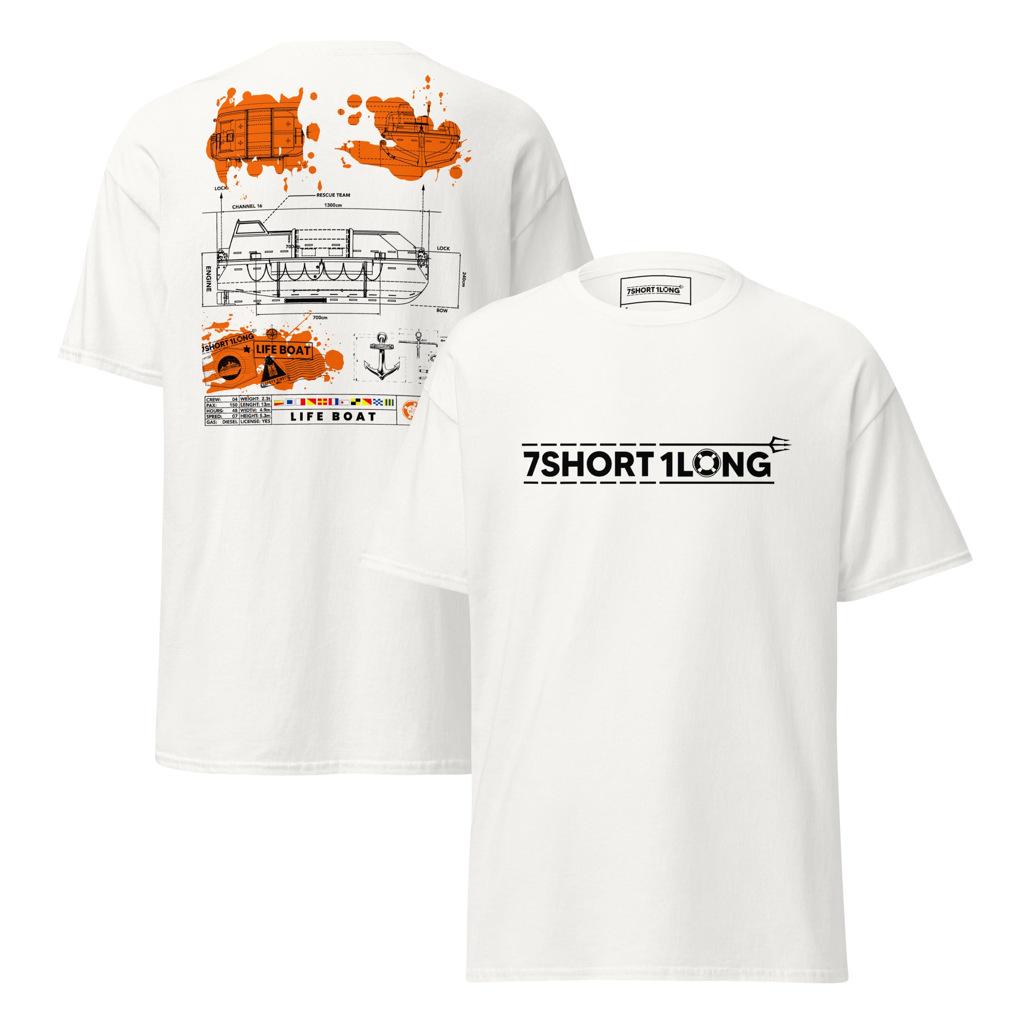 Maritime T-shirt with Lifeboat design inspired by SOLAS regulations and ship emergency evacuation procedures at sea. Main image