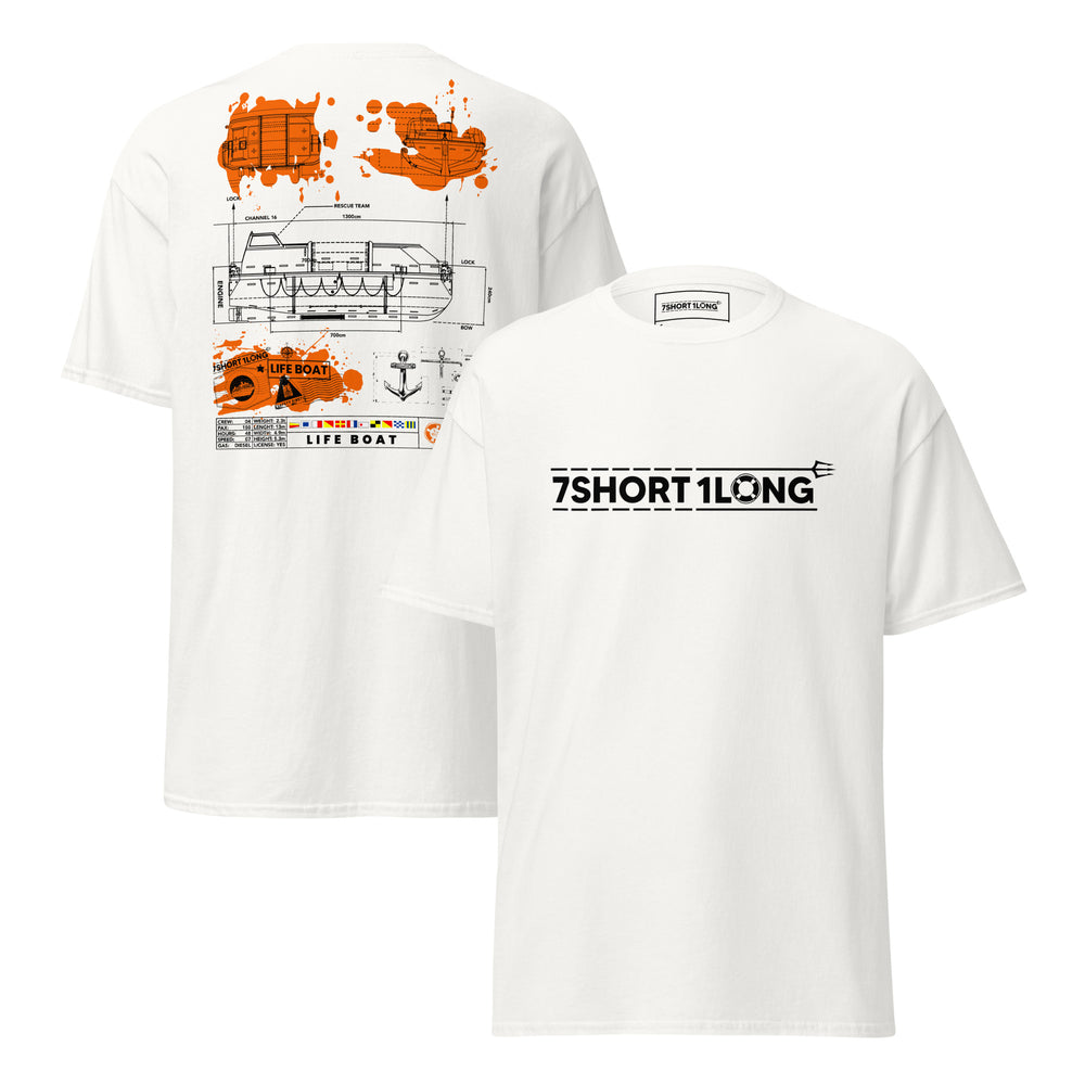 Maritime T-shirt with Lifeboat design inspired by SOLAS regulations and ship emergency evacuation procedures at sea.