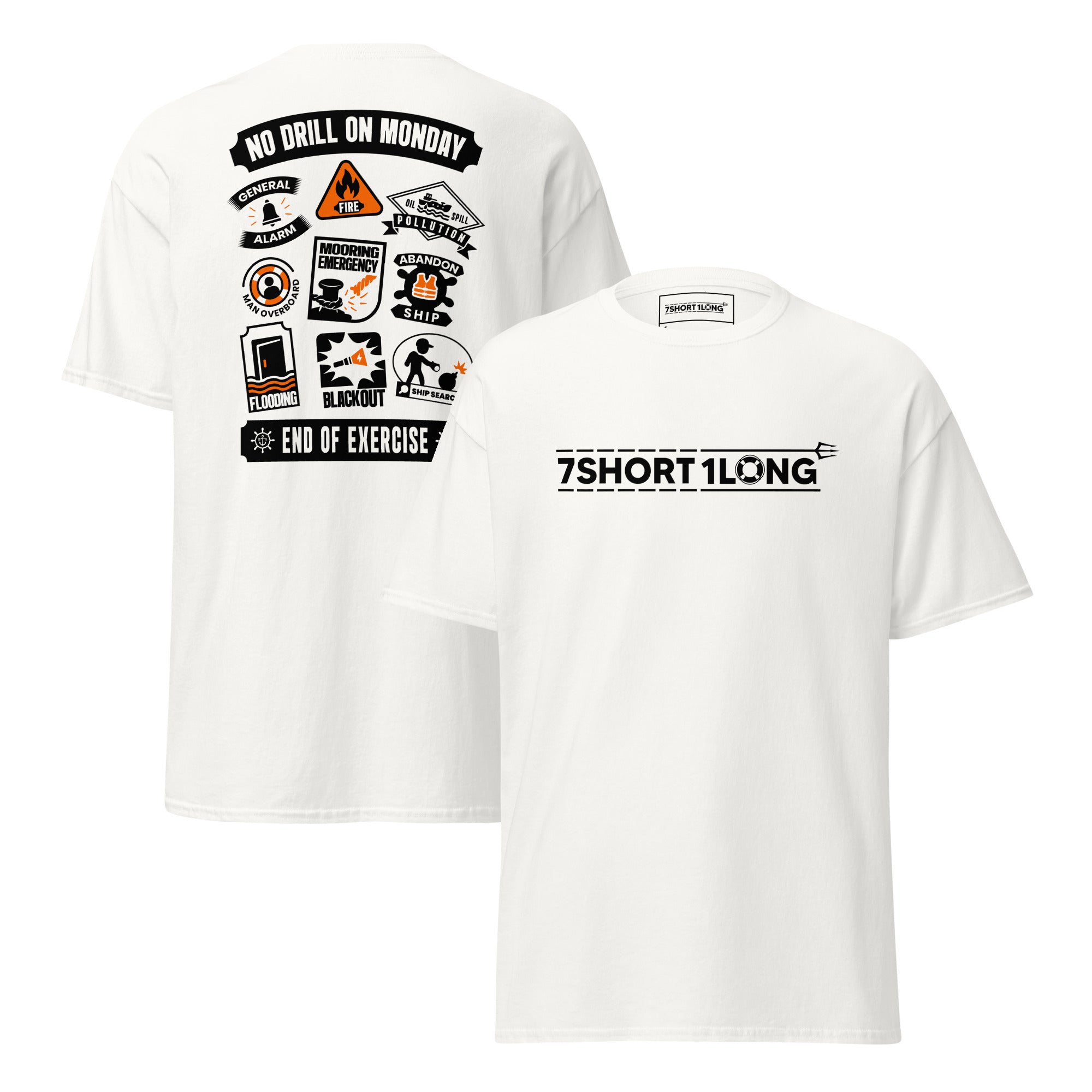 Maritime T-shirt with Ship Safety Drills design, featuring icons for fire, abandon ship, man overboard, blackout, and emergency response drills under SOLAS regulations. Main image