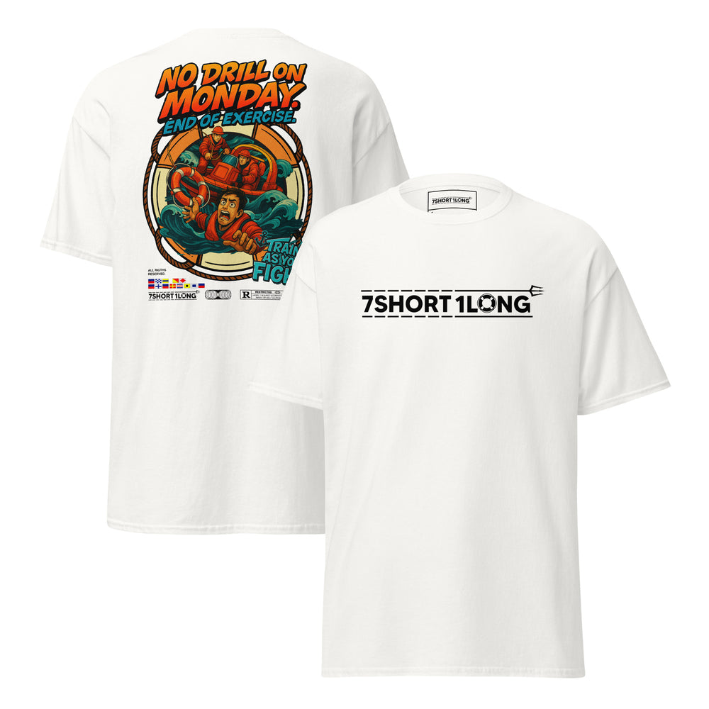 Maritime T-shirt with “Man Overboard Drill” design, inspired by SOLAS emergency procedures and crew rescue training at sea.