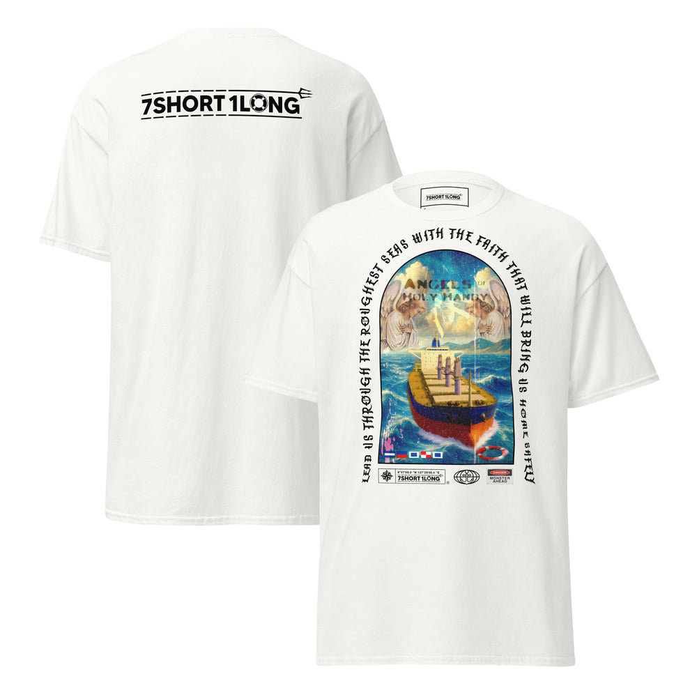 Crew T-shirt with “Angel Watch” bulk carrier design inspired by Christian seafaring tradition, protection at sea, heavy cargo operations, and vigilance during long voyages.