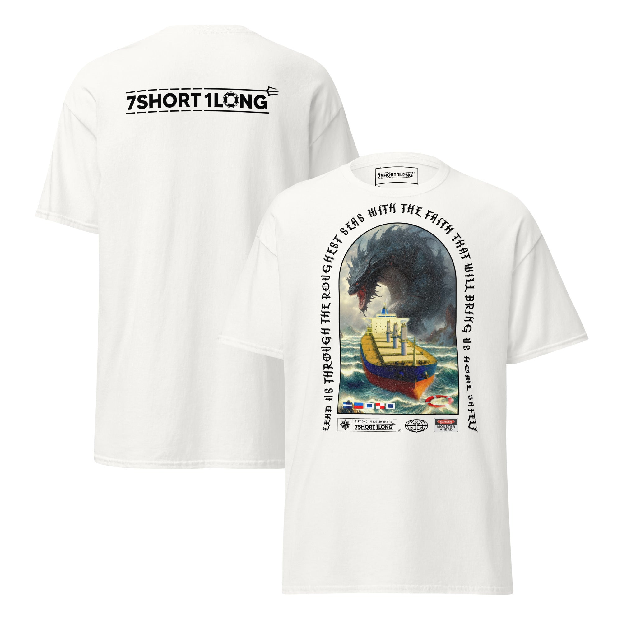 sea monster bulk carrier t-shirt, bulk carrier myth apparel, maritime legend t-shirt, kraken bulk carrier design, ocean folklore shirt, seafaring myth clothing, nautical mythology apparel, bulk vessel fantasy shirt, sea creature legend t-shirt, 7shot1long myth series Main image