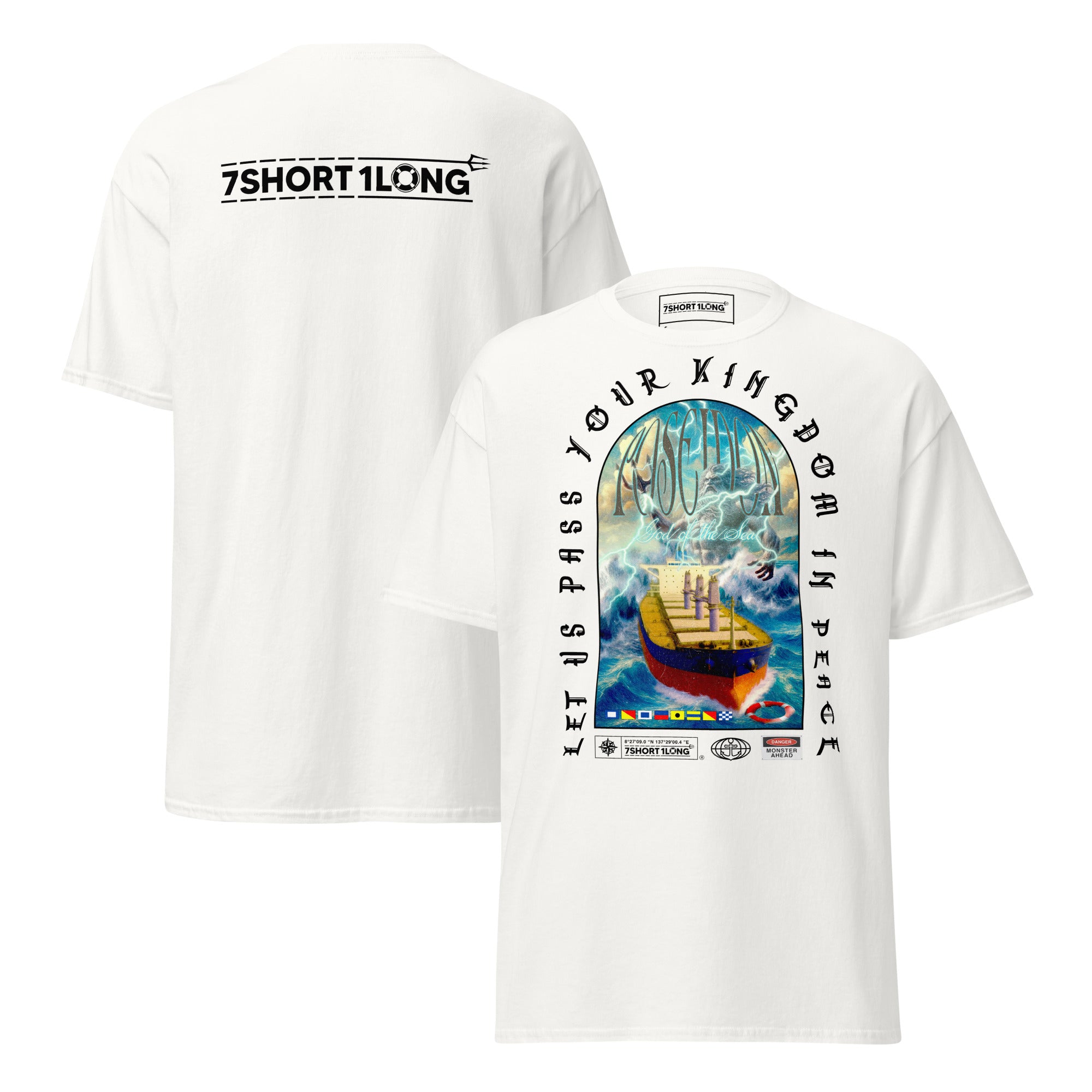 T-shirt design showing the Greek sea god Poseidon judging a bulk carrier ship at sea, inspired by maritime mythology and ancient ocean legends. Main image
