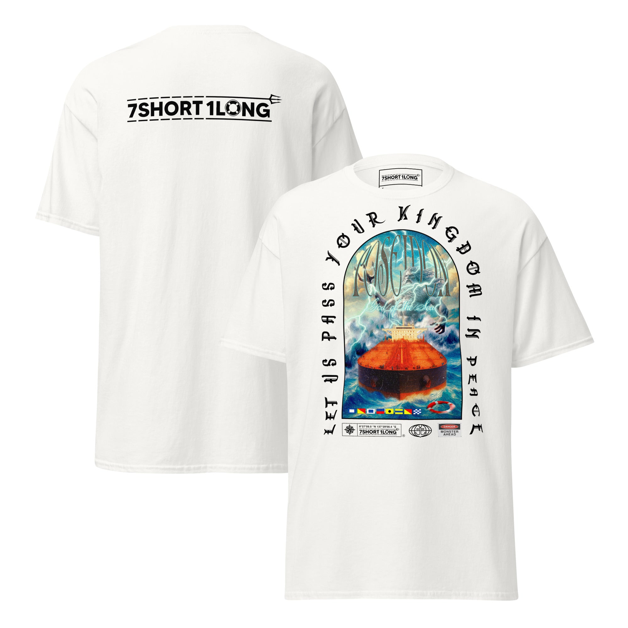 T-shirt design showing the Greek sea god Poseidon judging a tanker ship at sea, inspired by maritime mythology and ancient ocean legends. Main image
