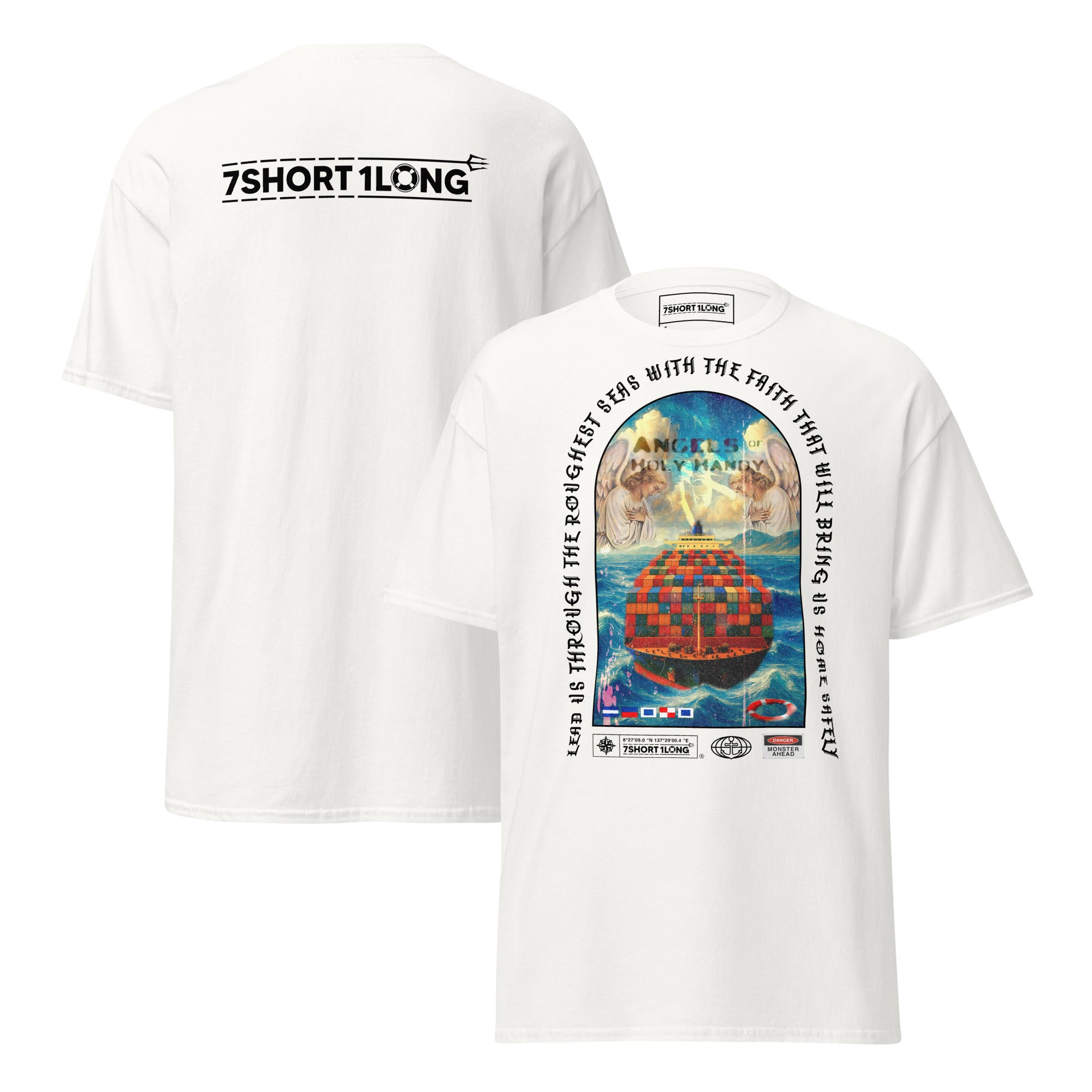Crew T-shirt with “Angel Watch” container ship design inspired by Christian seafaring tradition, protection at sea, and vigilance during long container ship voyages. Main image