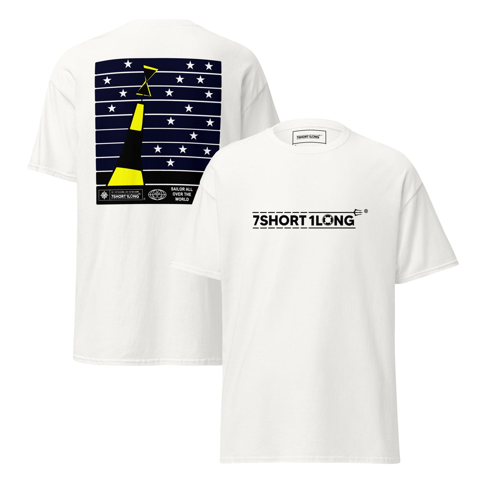 Unisex white nautical T-shirt with Cardinal Sign and deck crew navigation design on front and back by 7SHORT1LONG®.