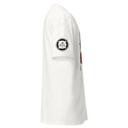 Unisex white Ship Security Department T-shirt by 7SHORT1LONG® with printed logo on front, casual crewneck design
