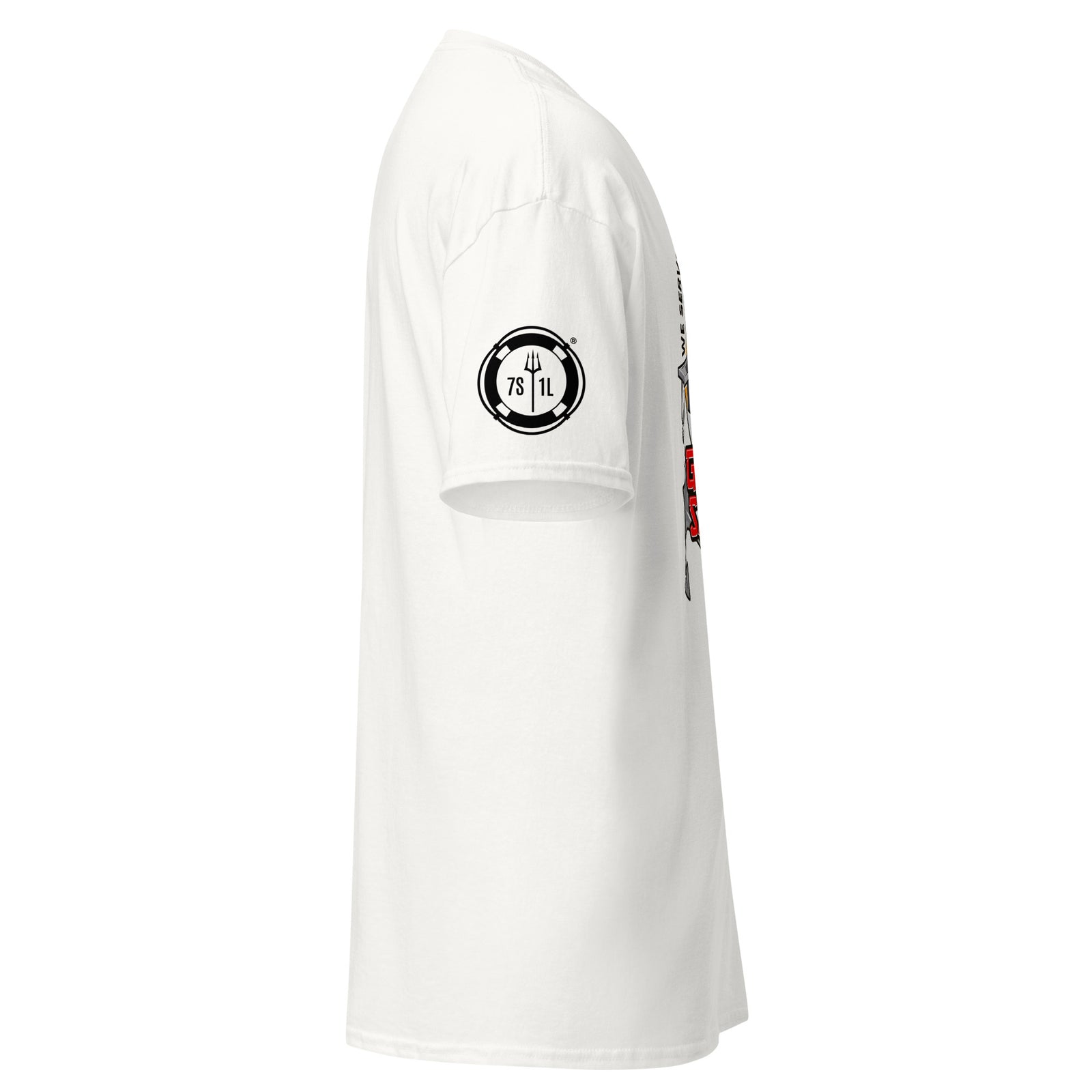 Unisex white Ship Security Department T-shirt by 7SHORT1LONG® with printed logo on front, casual crewneck design