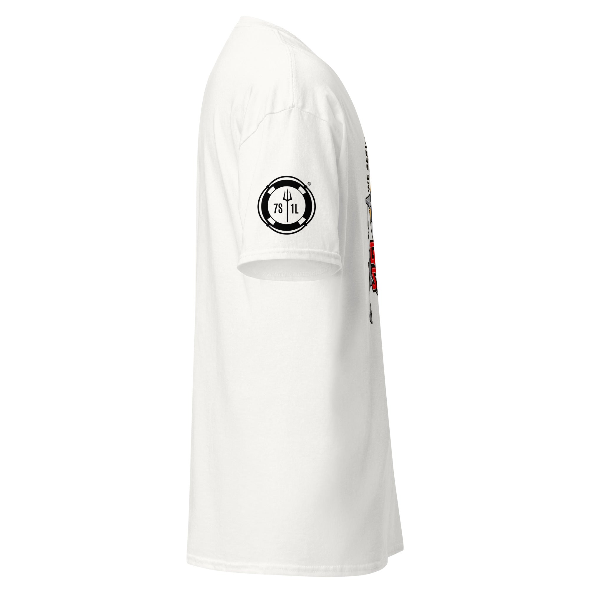 Unisex white Ship Security Department T-shirt by 7SHORT1LONG® with printed logo on front, casual crewneck design