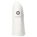 White unisex housekeeping department T-shirt by 7SHORT1LONG® with classic fit and crew neckline, laid flat.