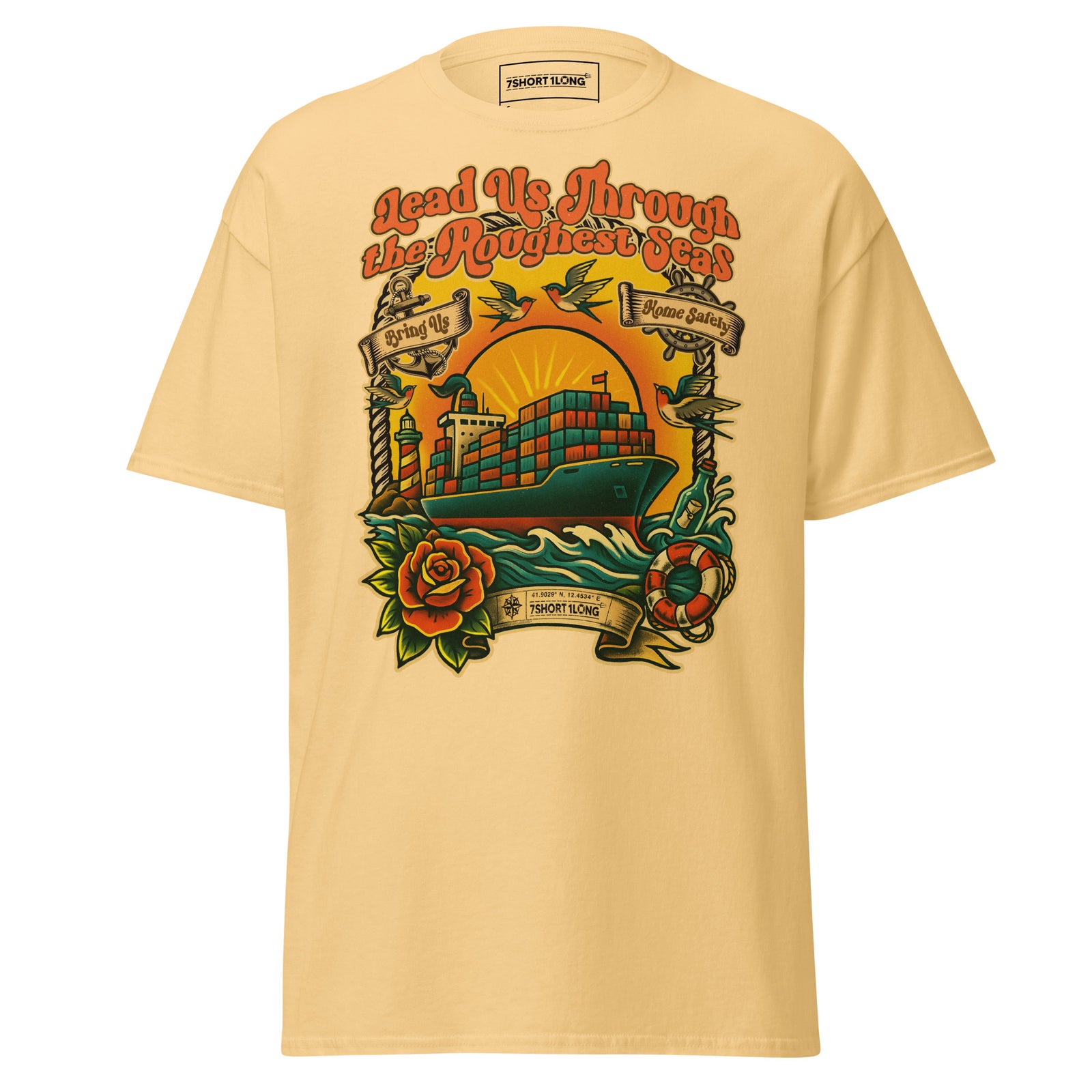 Unisex yellow haze T-shirt featuring a detailed container ship seafarer tattoo design by 7SHORT1LONG® on the front.