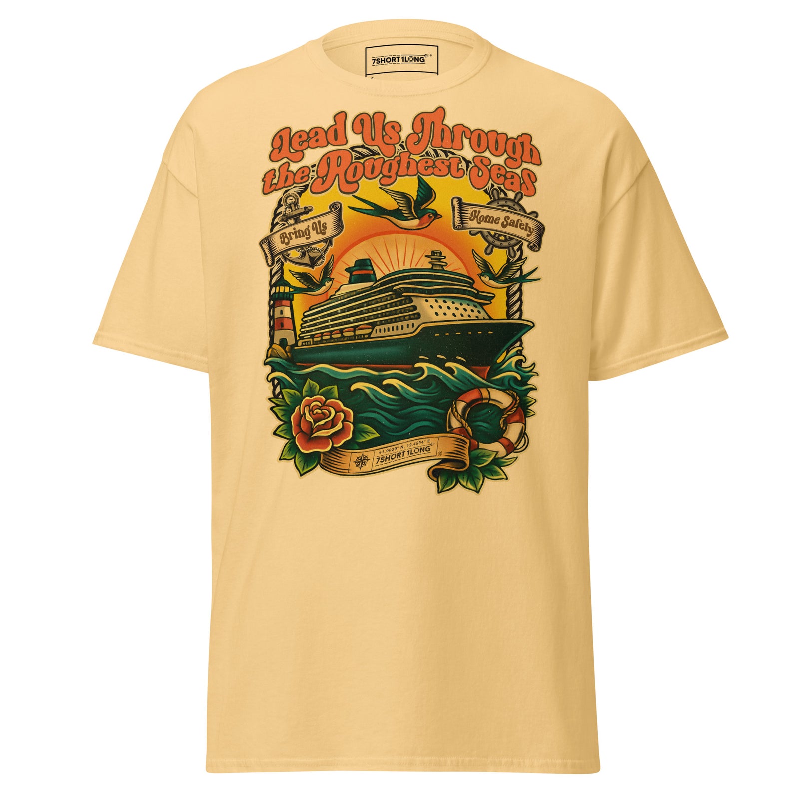 Unisex yellow haze Cruise Ship Seafarer Tattoo T-Shirt by 7SHORT1LONG®, front view with nautical tattoo design.