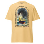 Unisex yellow haze T-shirt featuring a bold ocean monster attack design by 7SHORT1LONG® on the front.