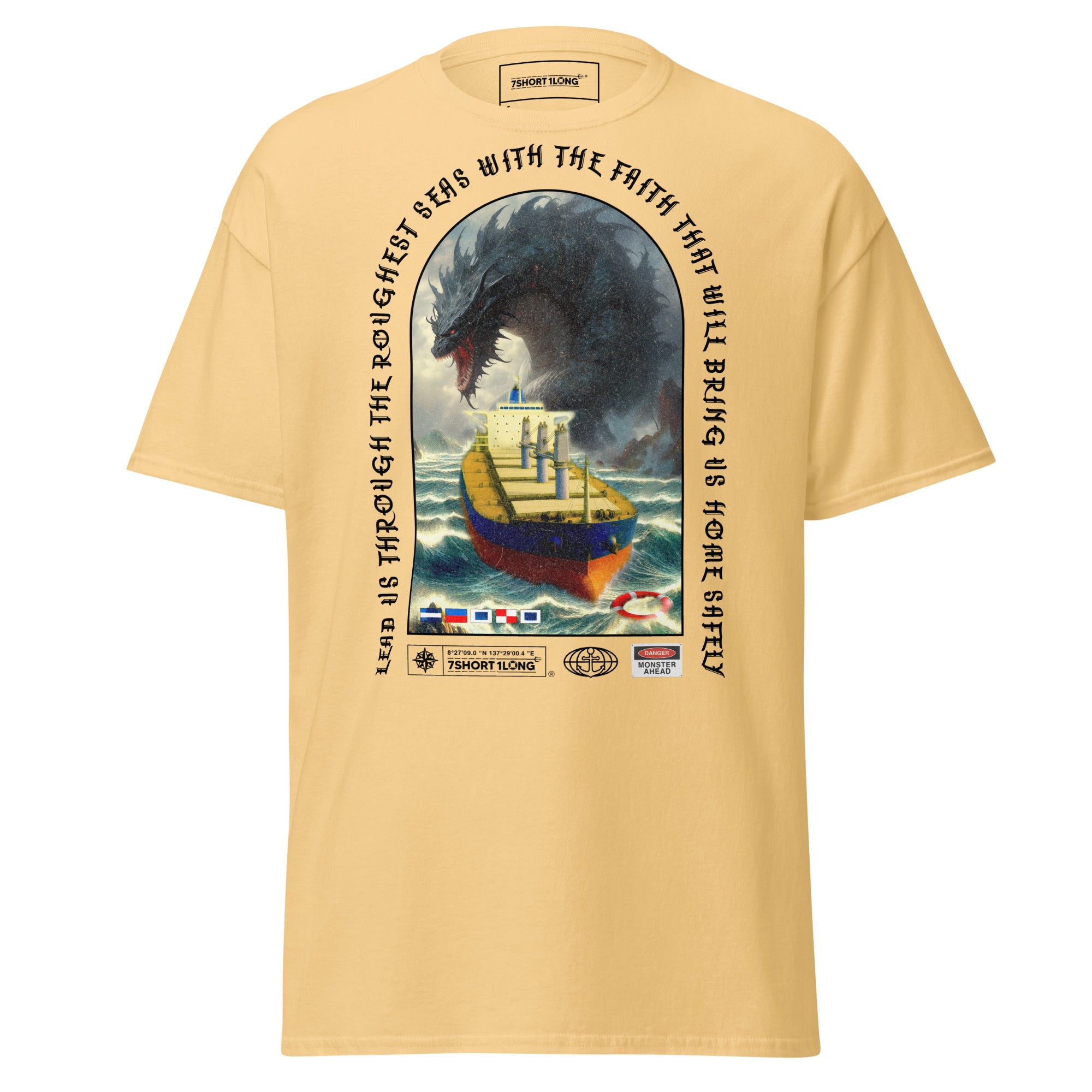 Unisex yellow haze T-shirt featuring a bold ocean monster attack design by 7SHORT1LONG® on the front.