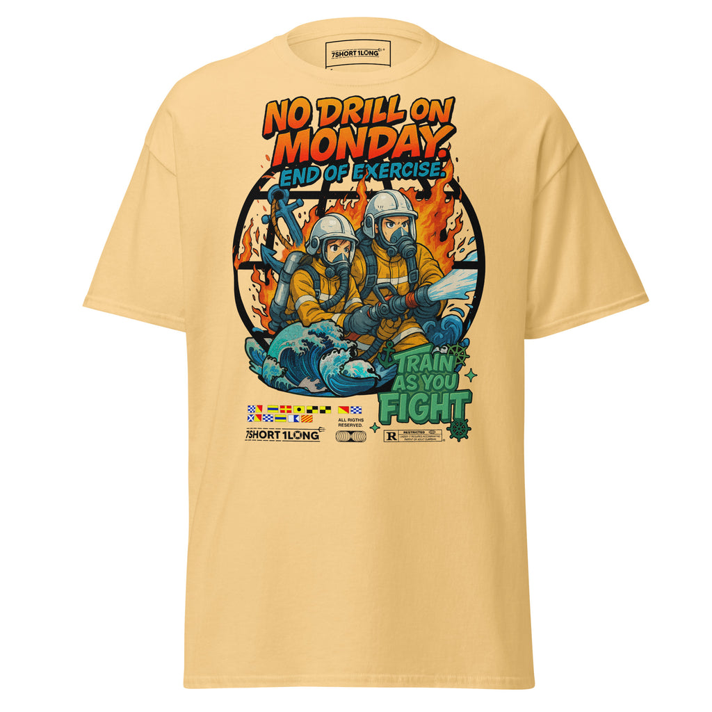 Unisex yellow haze Fire Drill T-Shirt by 7SHORT1LONG® featuring nautical crew safety design on the front.