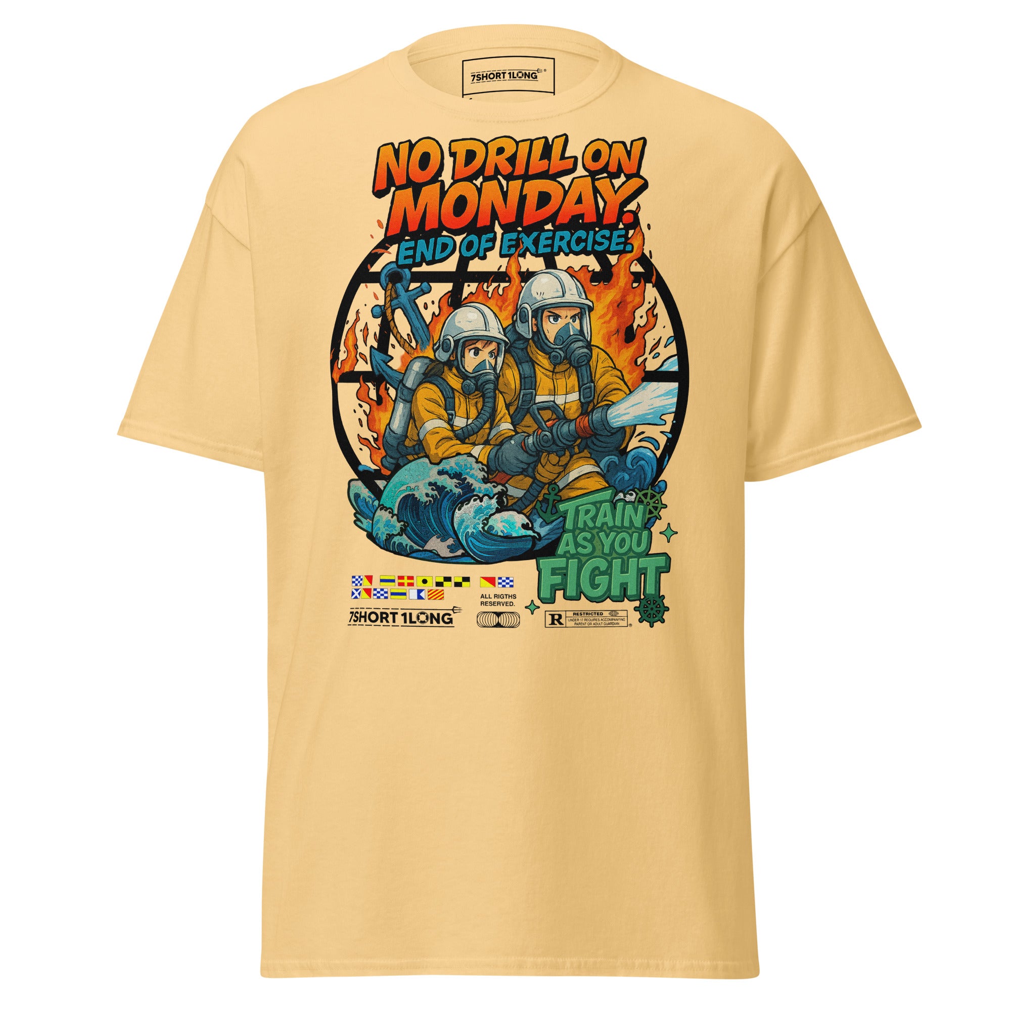 Unisex yellow haze Fire Drill T-Shirt by 7SHORT1LONG® featuring nautical crew safety design on the front.