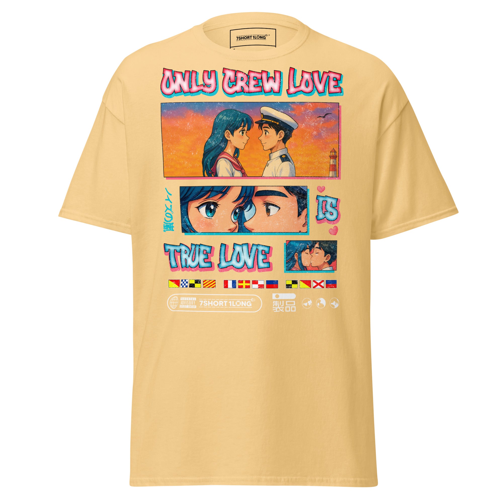 Unisex yellow haze Sailor T-Shirt featuring anime-inspired seafarer design with "Only Crew Love Is True Love" text by 7SHORT1LONG®.