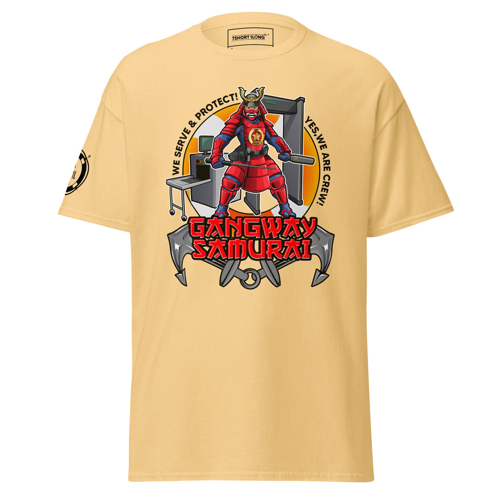 Unisex yellow haze Ship Security Department T-Shirt by 7SHORT1LONG® with front graphic design, classic fit, casual style.