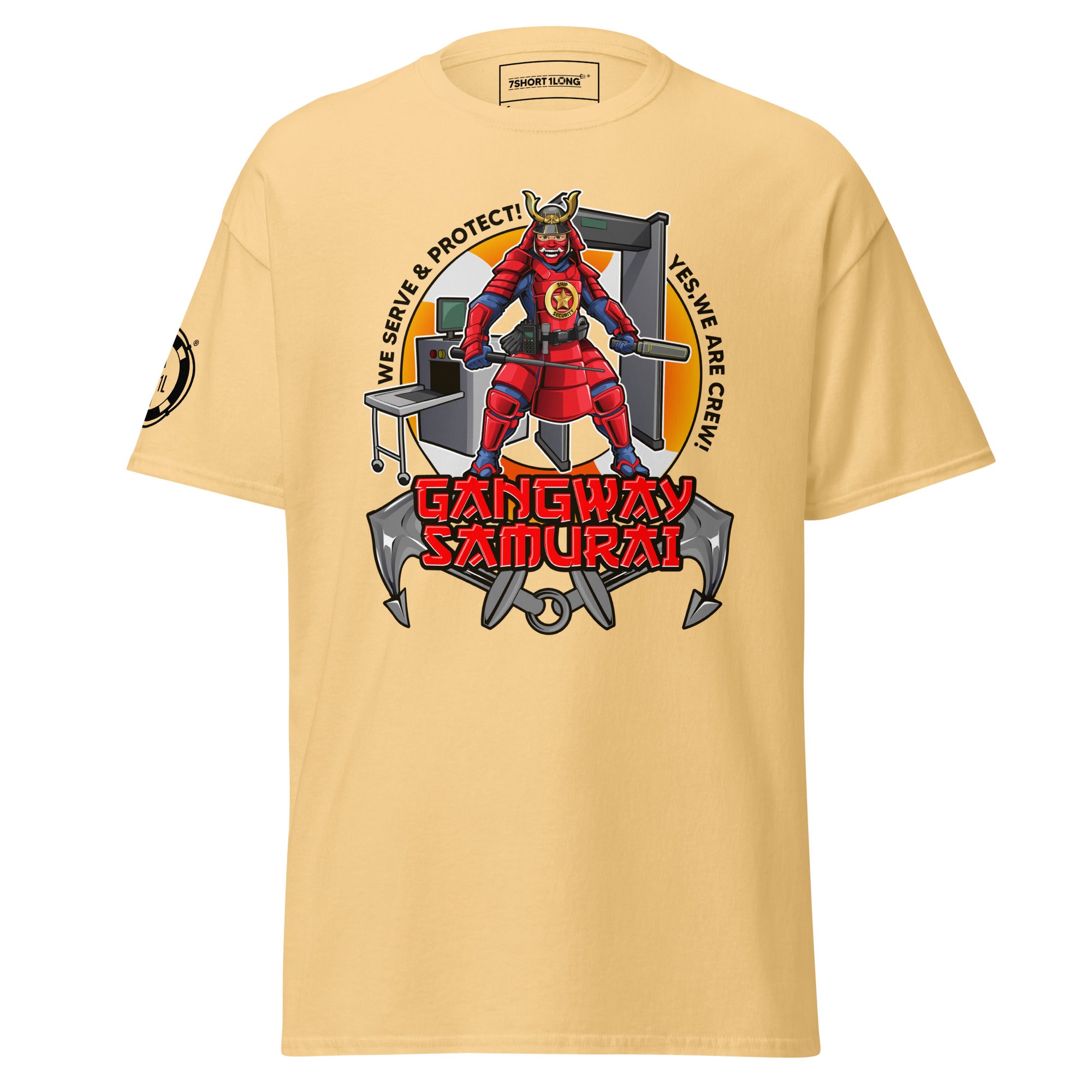 Unisex yellow haze Ship Security Department T-Shirt by 7SHORT1LONG® with front graphic design, classic fit, casual style.