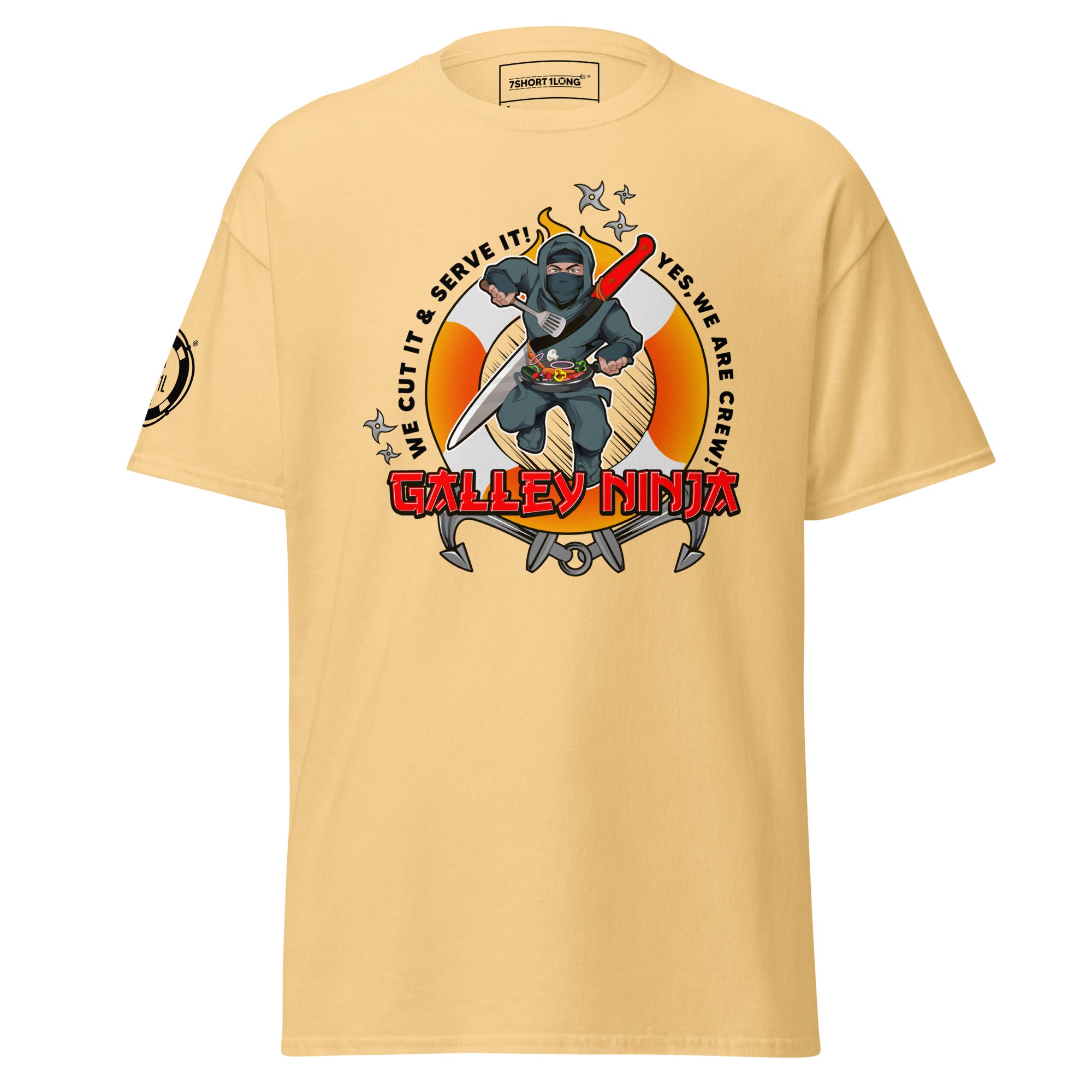 Unisex yellow haze maritime ship crew T-shirt by 7SHORT1LONG®, featuring a classic fit with maritime and seafarer design on the front.