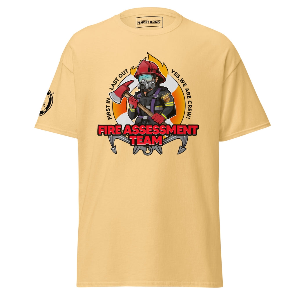 Beige t-shirt with a graphic of a firefighter and text on a white background