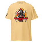 Beige t-shirt with a graphic of a firefighter and text on a white background
