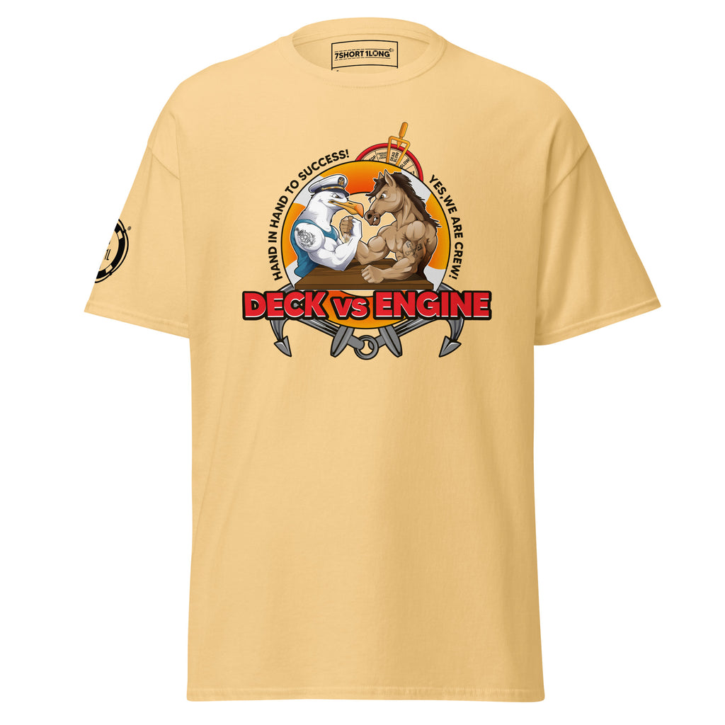 Unisex yellow haze Deck Vs Engine Department T-Shirt by 7SHORT1LONG® with front graphic design.