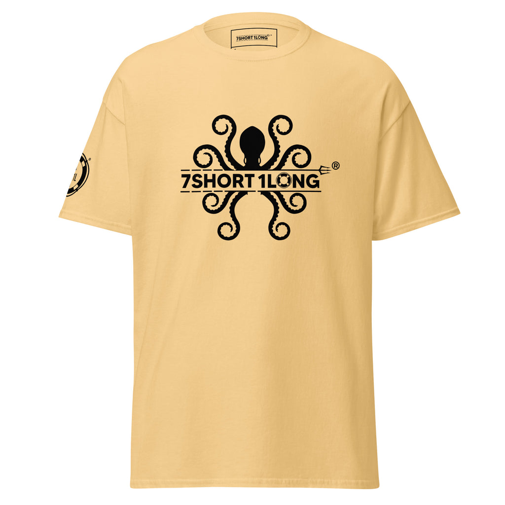 Yellow Kraken Seafarer Nautical T-Shirt with detailed octopus design and 7SHORT1LONG logo, sea creature apparel