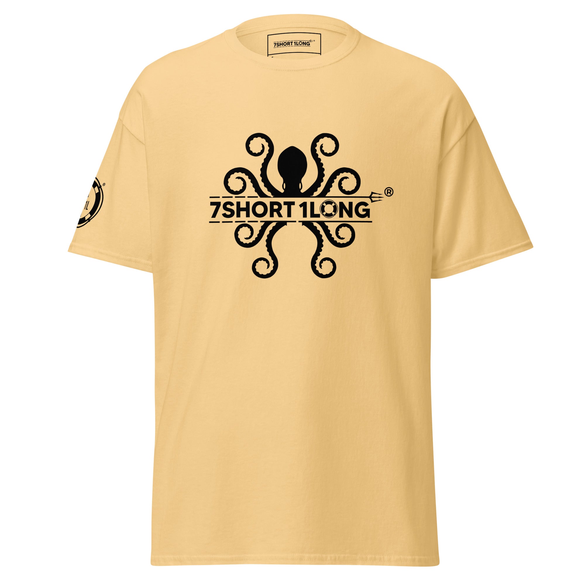 Yellow Kraken Seafarer Nautical T-Shirt with detailed octopus design and 7SHORT1LONG logo, sea creature apparel