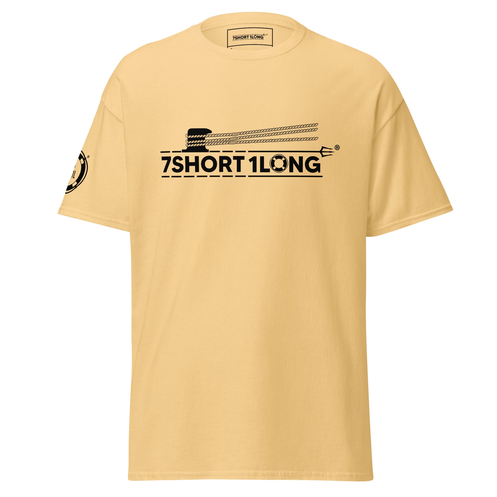 ellow Deck Hand Seafarer Nautical T-Shirt with mooring operation design and 7SHORT1LONG logo, bold maritime streetwear