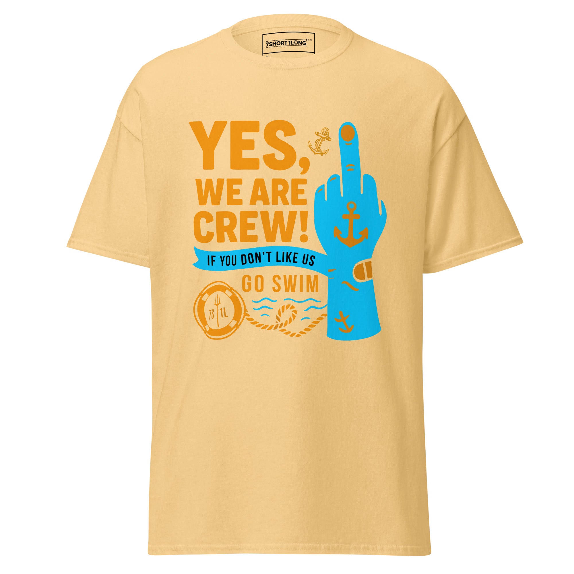 Unisex yellow haze crew T-shirt with a bold middle finger graphic from 7SHORT1LONG® on the front.